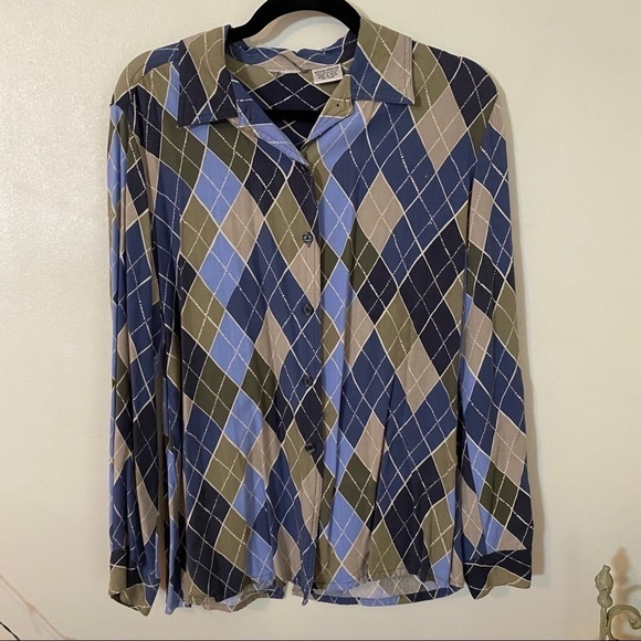 Blue Argyle Blouse Button Up Collared Top - Picture 8 of 9